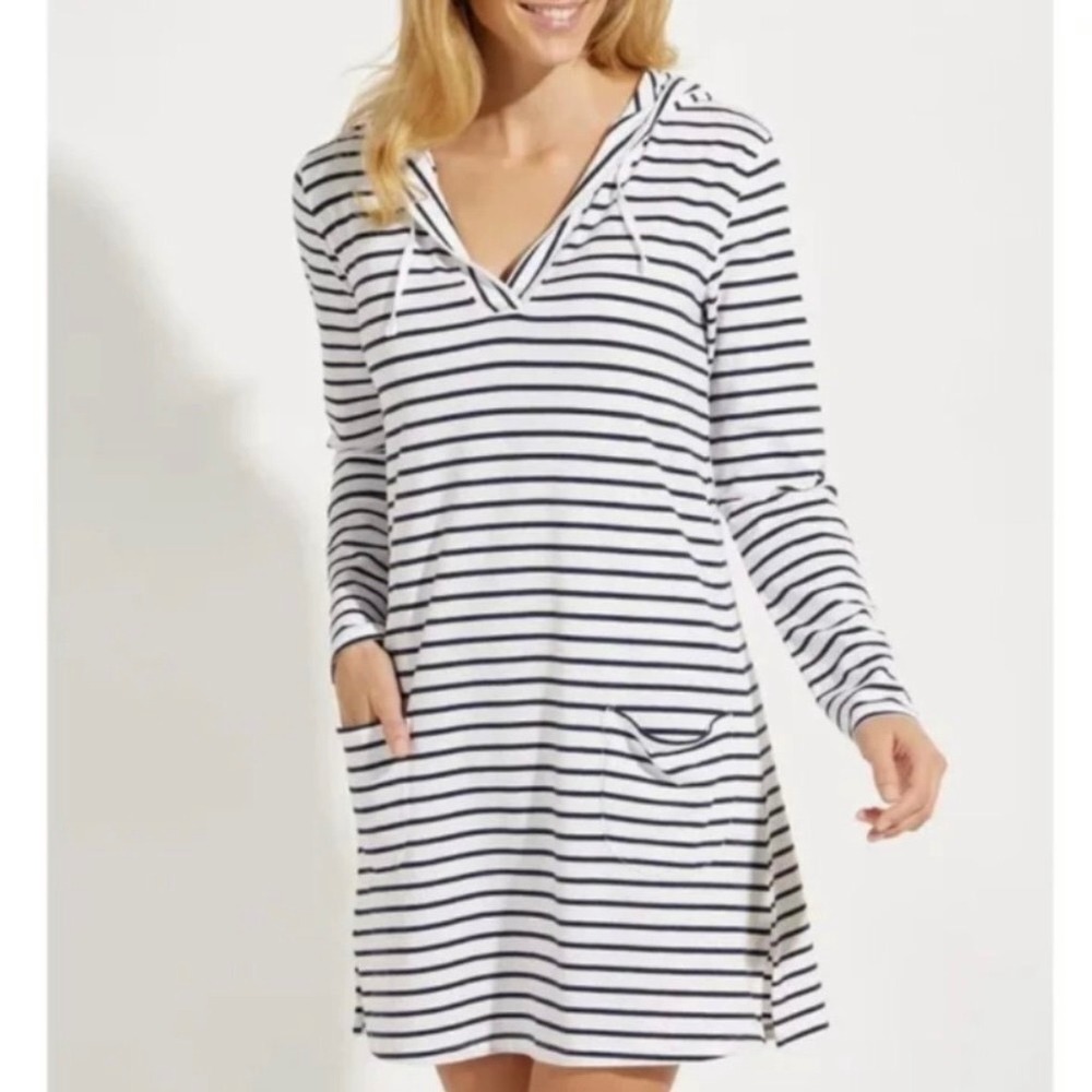 COOLIBAR Beach Cover-Up Dress Womens Medium Striped Hooded UPF 50 Nautical Coast